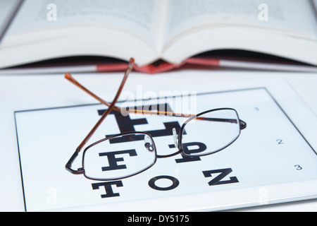 Brille auf Snellen Sehtafel Stockfoto