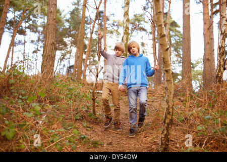 Zwillingsbrüder einen Spaziergang im Wald Stockfoto