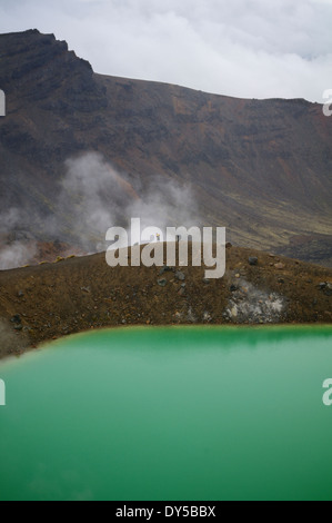 Zwei entfernte Wanderer am Rande eines Schwefel-Pools entlang der Tongariro Alpine Crossing, Neuseeland. Stockfoto