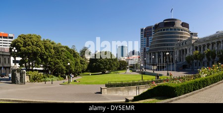 Panoramablick auf den Bienenstock, der Sitz der Nationalregierung in Wellington, Neuseeland. Stockfoto