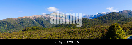 Blick der Treppe Mountain Bereich Olivin, Südalpen von Märtyrer Sattel, West Coast, New Zealand. Stockfoto