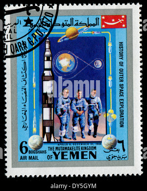 Jemen - ca. 1980er Jahre: eine Briefmarke gedruckt von Jemen zeigt Kosmonauten (APOLLO 9, 21. Dezember 1968), ca. 1980er Jahre Stockfoto