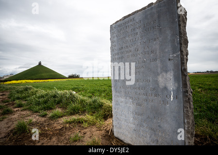 WATERLOO, Belgien – Gedenkmarker in der Nähe des Löwenhügels (Butte du Lion) zum Gedenken an Leutnant Augustin Demulder der 5. Kürassiere, ein Ritter der Ehrenlegion, der bei Waterloo fiel. Die Inschrift ehrt sowohl Demulder, einen Veteranen mehrerer Napoleonischen Feldzüge, als auch alle Kavallerie-Soldaten, die ihn am 18. Juni 1815 angriffen. Die Gedenkstätte wurde von der Waterloo Committee Association errichtet. Stockfoto