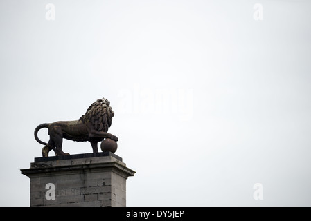 WATERLOO, Belgien – die monumentale gusseiserne Löwenstatue auf dem Löwenhügel (Butte du Lion) steht als Symbol des Friedens, der nach den Napoleonischen Kriegen nach Europa zurückkehrte. Die 28 Tonnen schwere Skulptur wurde vom Malines Künstler Van Geel entworfen und in Cockerills Eisenwerk in Lüttich gegossen. Sie liegt auf dem 141 Meter hohen künstlichen Hügel. Die Statue markiert die Stelle, an der der Prinz von Orange während der Schlacht von Waterloo verwundet wurde, als er Wellingtons erstes Korps befehligte. Stockfoto