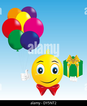 Smiley-junge mit Geschenk und Luftballons Stockfoto