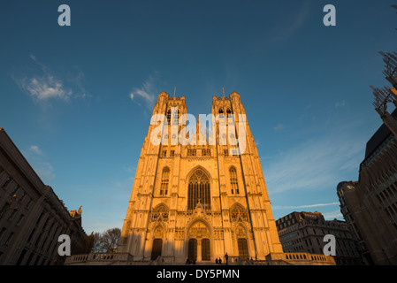 Kathedrale von St. Michael und St. Gudula Brüssel | BRÜSSEL, Belgien — Von unten gesehen ragen die beiden Türme der Kathedrale von St. Michael und St. Gudula scharf vor einem tiefblauen Himmel empor, ihr blasser Kalkstein wird von der untergehenden Sonne golden erleuchtet. Das große Maßwerkfenster der gotischen Fassade ersetzt das typische Rosettenfenster französischer Kathedralen, ein Kennzeichen des brabantischen Gothikstils, der vom 14. Jahrhundert an in den Niederlanden blühte. Kleine Gestalten versammeln sich in der Nähe der Eingangstüren weit unten. Stockfoto