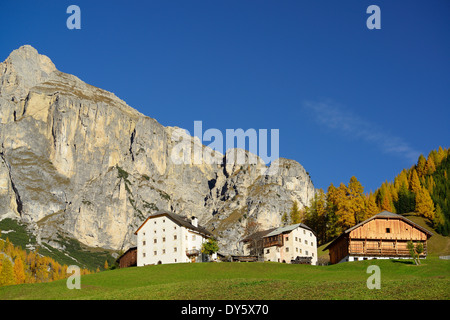 Bauernhaus vor Puez-Bergkette, Dolomiten, UNESCO Welterbe Site Dolomiten, Südtirol, Italien Stockfoto