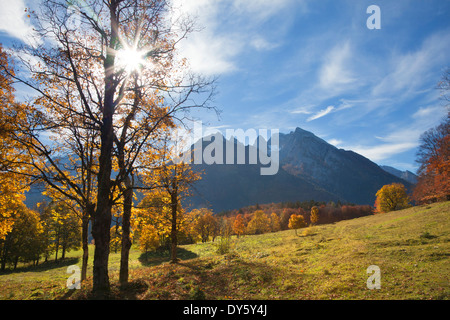 Herbstliche Landschaft in der Nähe von Ramsau, Blick auf Hochkalter, Berchtesgaden Region, Nationalpark Berchtesgaden, Oberbayern, Deutschland Stockfoto