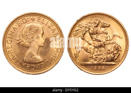 Sovereign Goldmünze des Vereinigten Königreichs mit Königin Elizabeth II. und Hl. Georg tötet den Drachen datiert 1968. JMH6121 Stockfoto