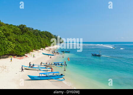 Auslegerboote auf schönen weißen Sandstrand im Nationalpark an der Südküste in Pangandaran, West-Java, Java, Indonesien Stockfoto