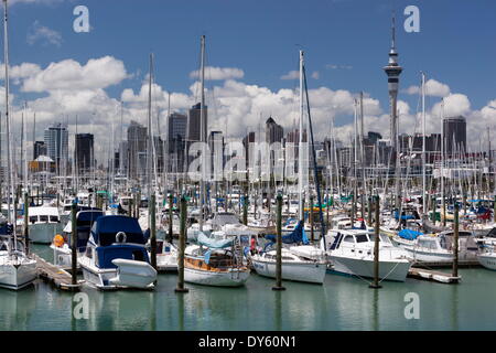 Westhaven Marina mit der Stadt und der Sky Tower, Auckland, Nordinsel, Neuseeland, Pazifik Stockfoto