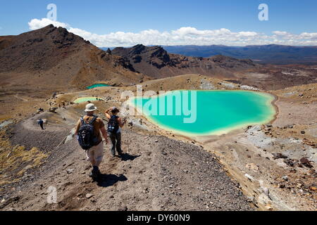 Wanderer und Emerald Lakes auf der Tongariro Alpine Crossing, Tongariro National Park, UNESCO Website, North Island, Neuseeland Stockfoto