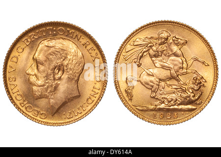 Sovereign Goldmünze des Vereinigten Königreichs mit König George V und Saint George slaying der Drache vom 1925. JMH6123 Stockfoto