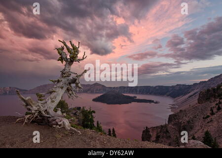 Sonnenuntergang am Kratersee mit Wizard Island, Crater Lake Nationalpark, Oregon, Vereinigte Staaten von Amerika, Nordamerika Stockfoto