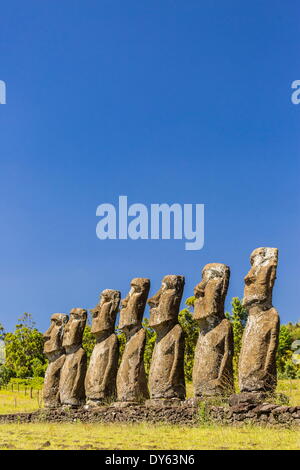 Sieben Moais am Ahu Akivi, der erste restaurierte Altar auf Ostern Insel (Isla de Pascua) (Rapa Nui), der UNESCO, Chile Stockfoto