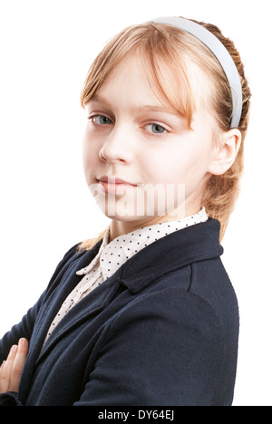 Closeup Portrait des blonden kaukasischen Schulmädchen isoliert auf weiss Stockfoto