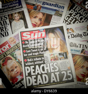 London, UK. 8. April 2014. Der Tod von Peaches Geldof wie auf den Titelseiten der britischen Boulevardpresse Peaches Geldof letzter Tweet zu melden, bevor sie tot in ihrem Haus in Wrotham, Kent gestern gefunden wurde. Bildnachweis: Objektivschutz/Alamy Live-Nachrichten Stockfoto