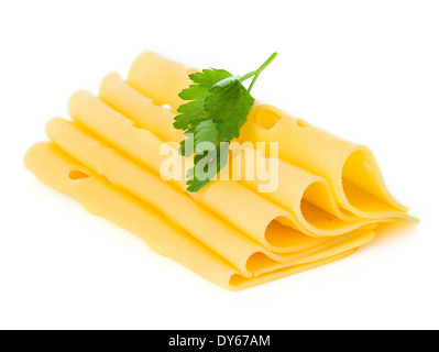 Käsescheiben auf weißem Hintergrund Stockfoto