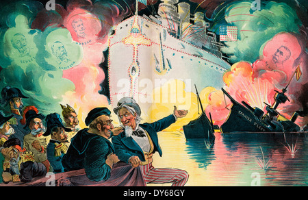 4. Juli 1898 - "der Triumph der amerikanischen Kampfschiff" feiert Print zeigt eine freudiger Uncle Sam sitzen mit John Bull, der ein Matrose vertreten England ist, und sechs Figuren repräsentieren "Spanien", "Italien" (Umberto ich), "Österreich" (Franz Joseph ich), "Frankreich", Deutschland (William II) und "Russland" (Nicholas II), gerade ein Feuerwerk, das die Umrisse der großen amerikanischen Schlachtschiff zeigt, die die Ruinen der "Spanischen Flotte" beleuchtet , und in den Wolken des Rauches zeigt Porträts der "Schley, Sampson, Hobson, [und] Dewey". Stockfoto