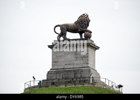 WATERLOO, Belgien – die monumentale gusseiserne Löwenstatue auf dem Löwenhügel (Butte du Lion) steht als Symbol des Friedens, der nach den Napoleonischen Kriegen nach Europa zurückkehrte. Die 28 Tonnen schwere Skulptur wurde vom Malines Künstler Van Geel entworfen und in Cockerills Eisenwerk in Lüttich gegossen. Sie liegt auf dem 141 Meter hohen künstlichen Hügel. Die Statue markiert die Stelle, an der der Prinz von Orange während der Schlacht von Waterloo verwundet wurde, als er Wellingtons erstes Korps befehligte. Stockfoto