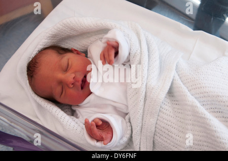 Neugeborenes Babymädchen ein paar Stunden alt schlafend im Krankenhaus Kinderbett Stockfoto