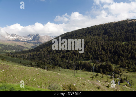 Andorra la Vella im Sommer mit einem Baum bedeckt Hügel und Skipisten und Pyrenäen im Hintergrund Stockfoto