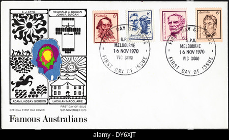 Gedenkmünze ersten Tag decken Australien Briefmarken berühmte Australier Poststempel Melbourne 16. November 1970 Stockfoto