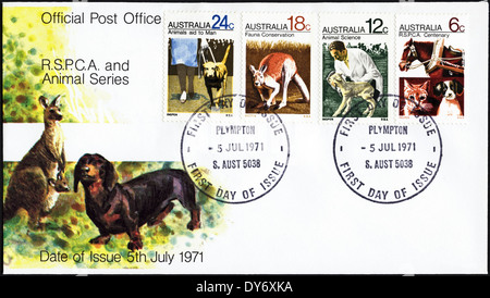 Gedenkmünze ersten Tag decken Australien Briefmarken RSPCA und Tier Serie Poststempel Plympton 5. Juli 1971 Stockfoto