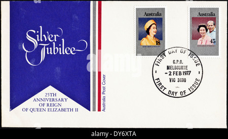 Gedenkmünze ersten Tag decken Australien Briefmarken Königin Elizabeth II Silver Jubilee Poststempel Melbourne 2. Februar 1977 Stockfoto