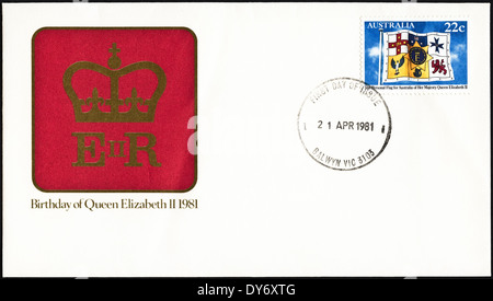 Gedenkmünze ersten Tag decken Australien Briefmarken Geburtstag von Königin Elizabeth II mit ihrer persönlichen Flagge abgestempelte Balwyn Victoria 21. April 1981 Stockfoto