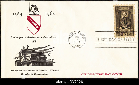 Gedenkmünze ersten Tag decken USA Briefmarken mit 400. Jahrestag von William Shakespeare Geburt Poststempel Stratford Connecticut 14. August 1964 Stockfoto