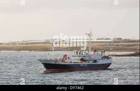 Fischerei-Patrouillenboot verlässt Port Stanley auf den Falklandinseln, die territoriale Warers für illegale Fischerei zu patrouillieren. Stockfoto