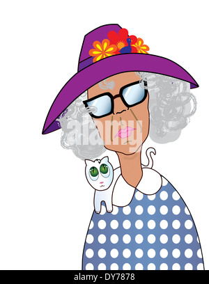 Lustige Comic-Bild eine mürrische alte Dame in einem großen lila Hut mit einer Katze auf ihren Schultern Stockfoto