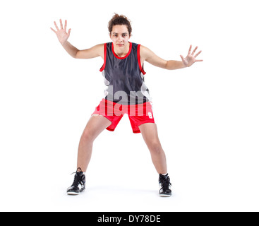 Basketball-Spieler für die Verteidigung, die isoliert auf weißem Hintergrund Stockfoto