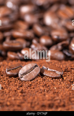 Nahaufnahme Foto von Kaffeebohnen auf Kaffeepulver mit geringen Schärfentiefe Stockfoto