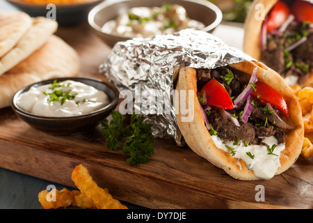 Hausgemachte Fleisch Gyros mit Tzatziki Sauce, Tomaten und Pommes frites Stockfoto