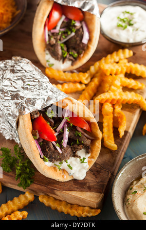 Hausgemachte Fleisch Gyros mit Tzatziki Sauce, Tomaten und Pommes frites Stockfoto