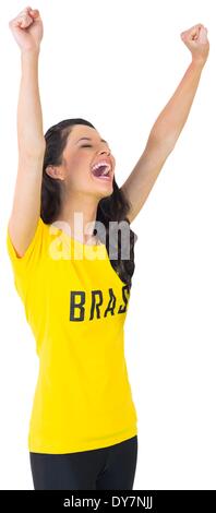 Aufgeregt Fußballfan in Brasil tshirt Stockfoto