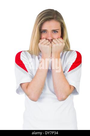 Nervös Fußballfan in weiß Stockfoto