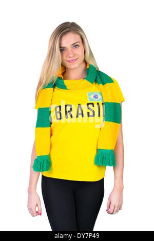 Hübsche Fußballfan in Brasil tshirt Stockfoto