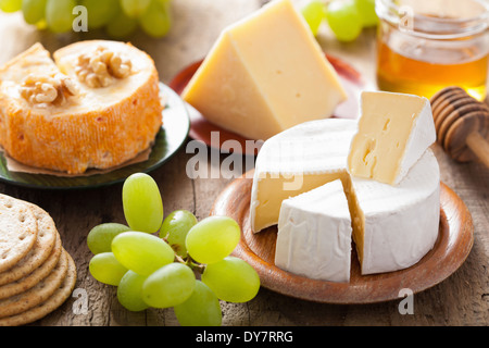 verschiedene Arten von Käse mit Trauben, Honig und Nüssen Stockfoto