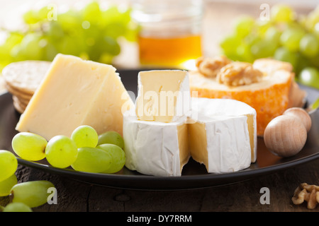 verschiedene Arten von Käse mit Trauben, Honig und Nüssen Stockfoto