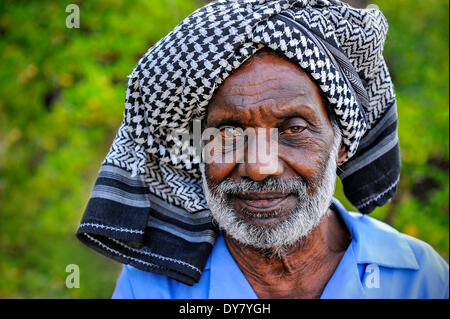 Älterer Mann mit Kopftuch, Porträt, Kerala, Südindien, Indien Stockfoto