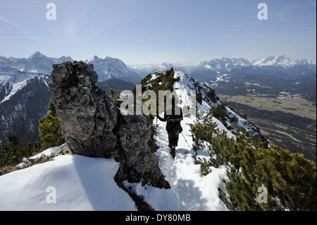 weibliche Wanderer auf verschneiten Bergen mit Bergpanorama, Mittenwald, Deutschland Stockfoto