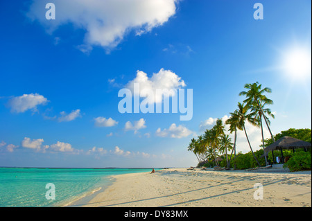 schöner Sonnenuntergang am tropischen Strand. Insel der Malediven Stockfoto