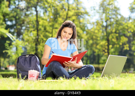 Mädchen auf dem Rasen sitzen und schreiben in einem Notebook im freien Stockfoto