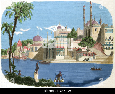 Vanarasi und Ganges. Heilige Stadt bin Hinduismus und Jainism. Gravur, spätere Färbung. Malerische Familienwerkstatt, 1880. Stockfoto