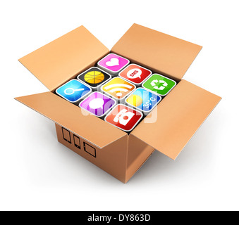3D Box mit Anwendungen, isoliert, weißer Hintergrund, 3d Bild Stockfoto