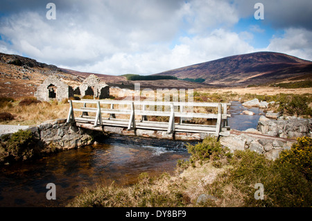 Hölzerne Brücke und Ruinen am Glendasan Fluss in Wicklow Mountains in Irland Stockfoto