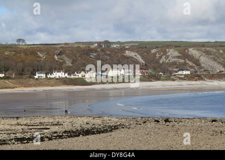 Port Eynon Bucht mit Horton Dorf und Oxwich Punkt hinaus Gower Halbinsel, Wales, Großbritannien, Deutschland, UK, Europa Stockfoto